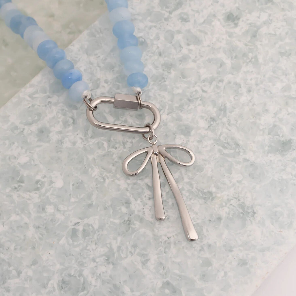 Blue Chunky Bead Necklace - Stainless Steel Chain With Carabiner Clasp - Necklaces | Sunflower Soul Boutique
