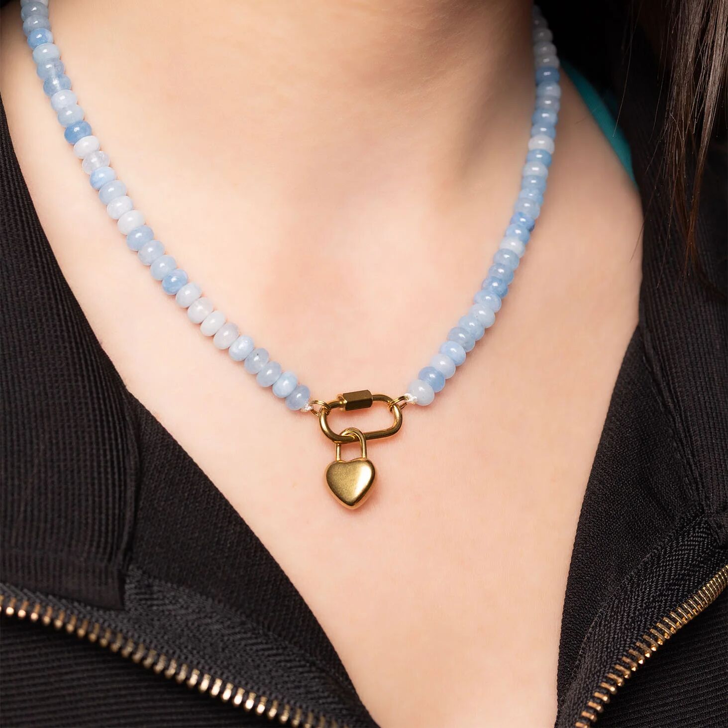 Blue Chunky Bead Necklace - Stainless Steel Chain With Carabiner Clasp - Necklaces | Sunflower Soul Boutique