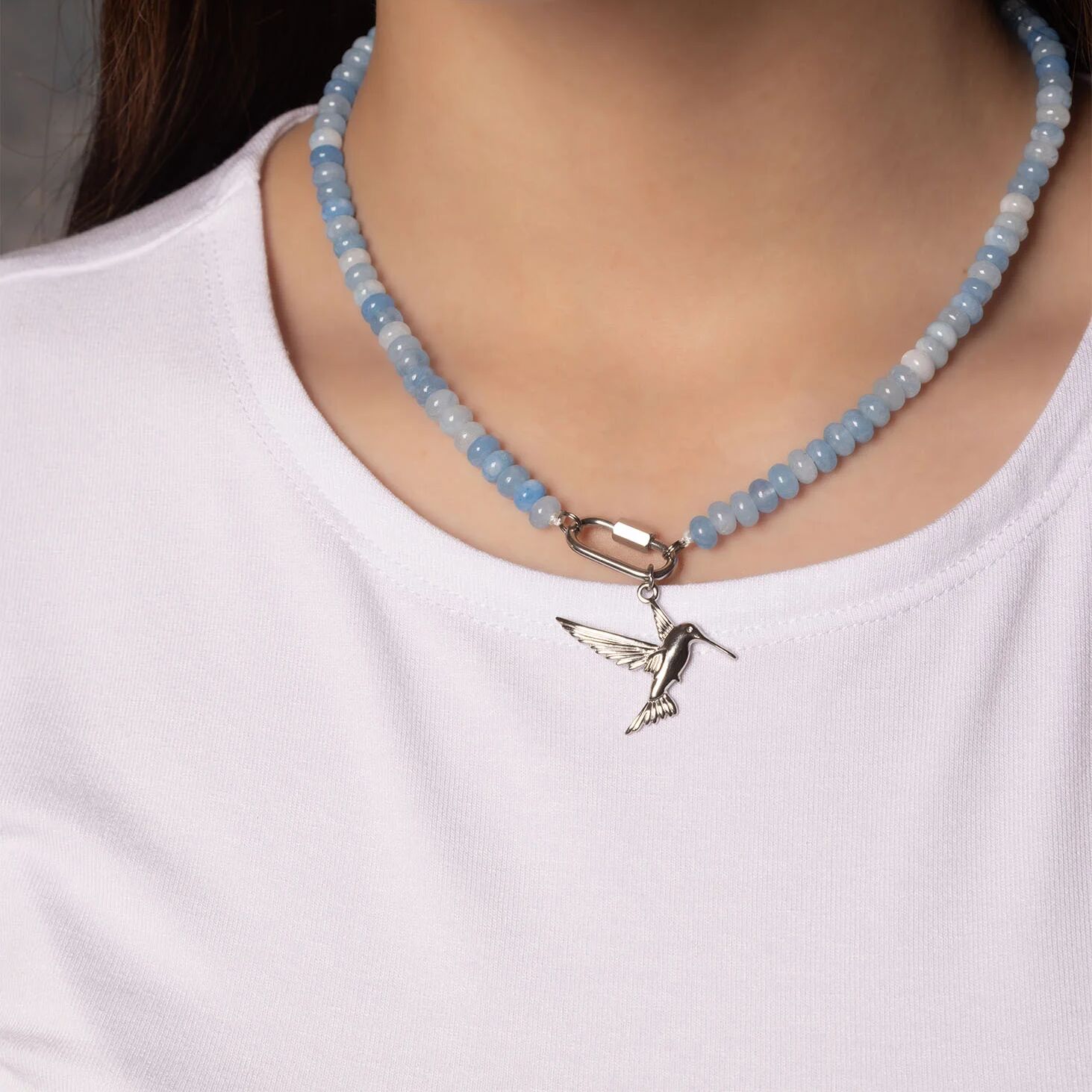 Blue Chunky Bead Necklace - Stainless Steel Chain With Carabiner Clasp - Necklaces | Sunflower Soul Boutique