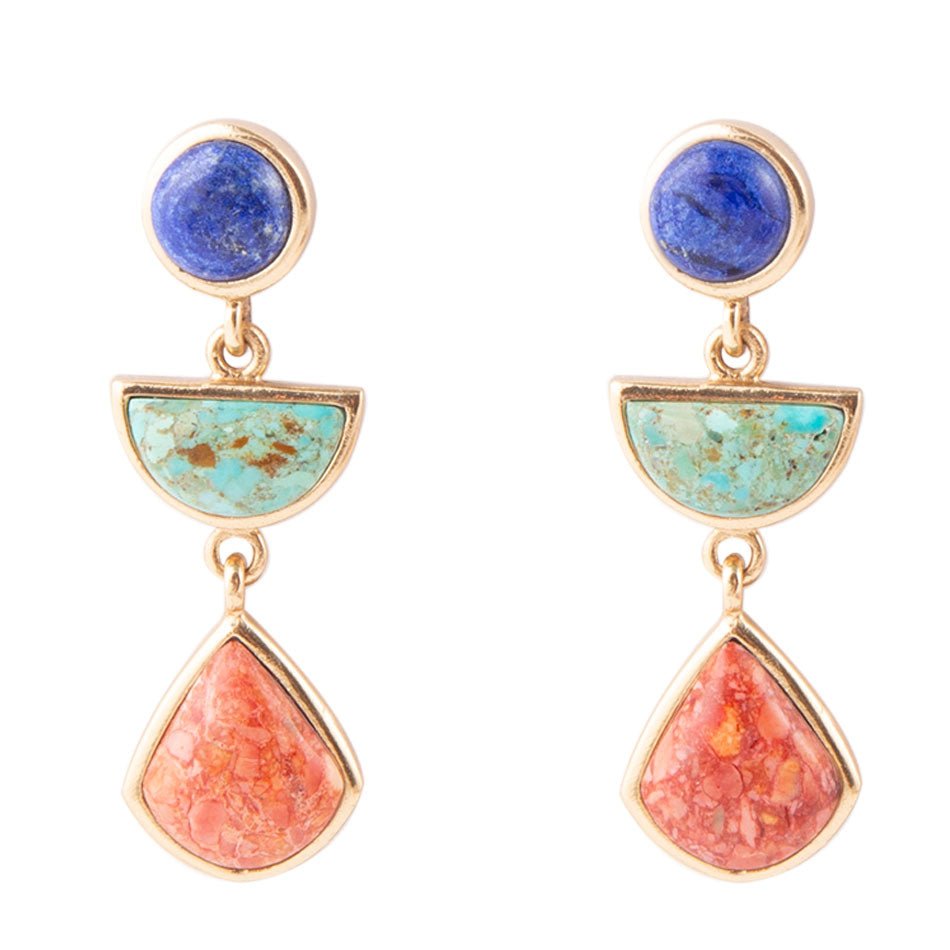 Blue Lapis Turquoise and Orange Sponge Coral Colorful Golden Drop Earrings