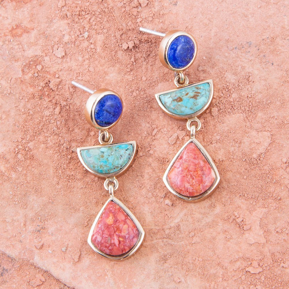 Blue Lapis Turquoise and Orange Sponge Coral Colorful Golden Drop Earrings