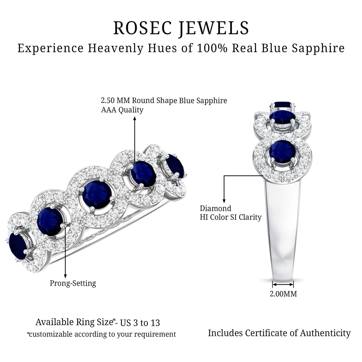 Blue Sapphire Anniversary Ring, Half Eternity Diamond Band