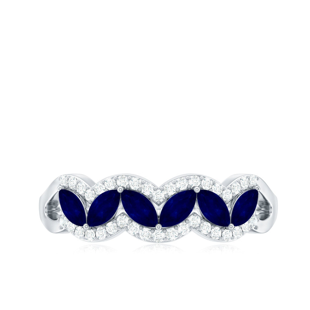Blue Sapphire Anniversary Ring, Marquise Cut Diamond Wedding Band