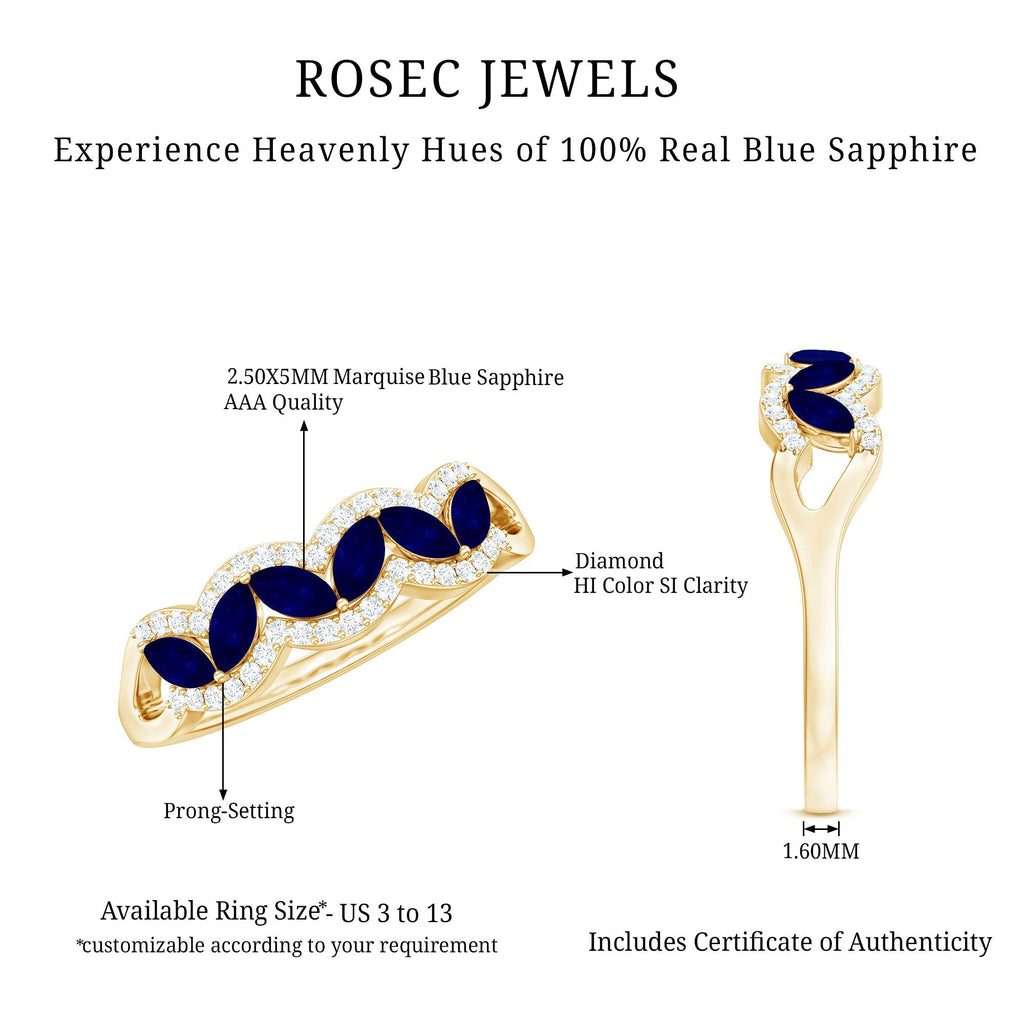 Blue Sapphire Anniversary Ring, Marquise Cut Diamond Wedding Band
