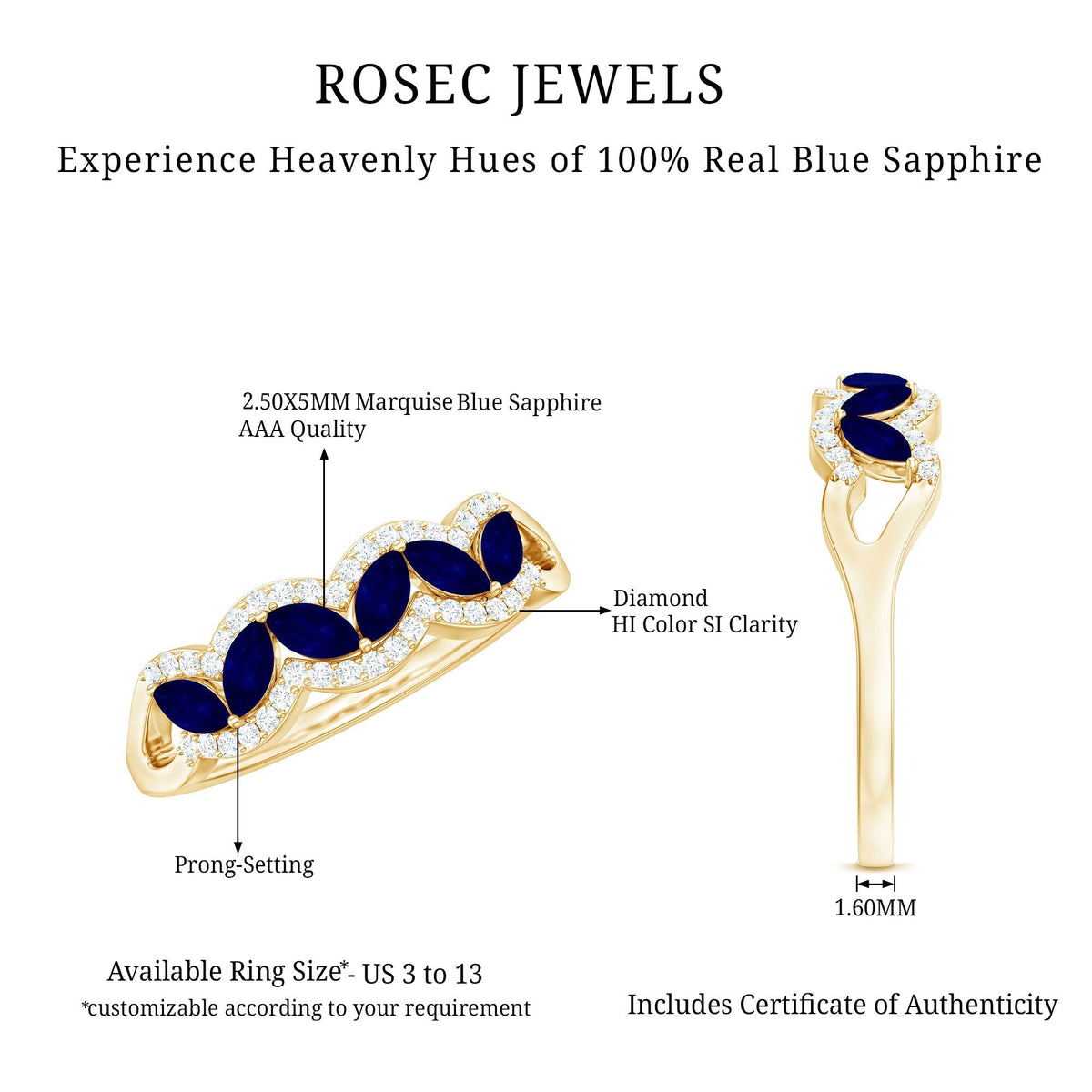 Blue Sapphire Anniversary Ring, Marquise Cut Diamond Wedding Band