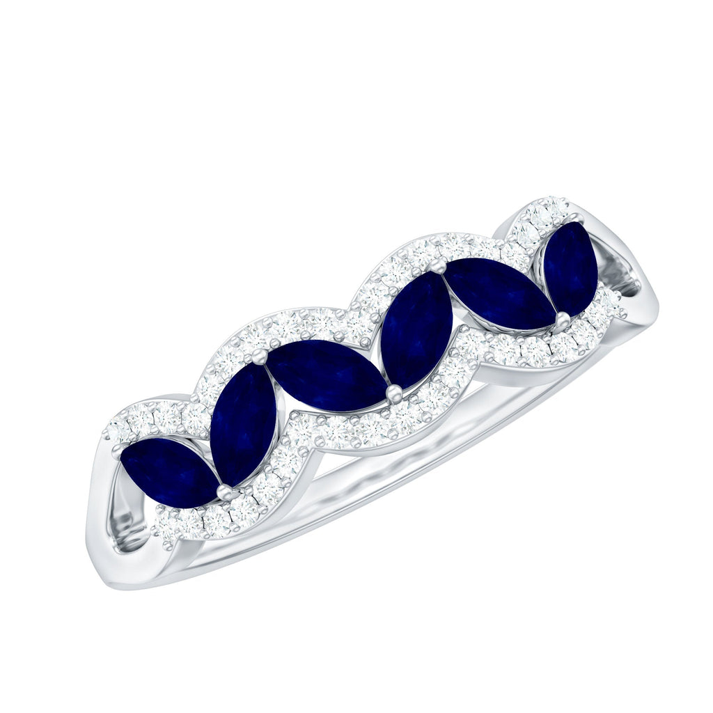 Blue Sapphire Anniversary Ring, Marquise Cut Diamond Wedding Band