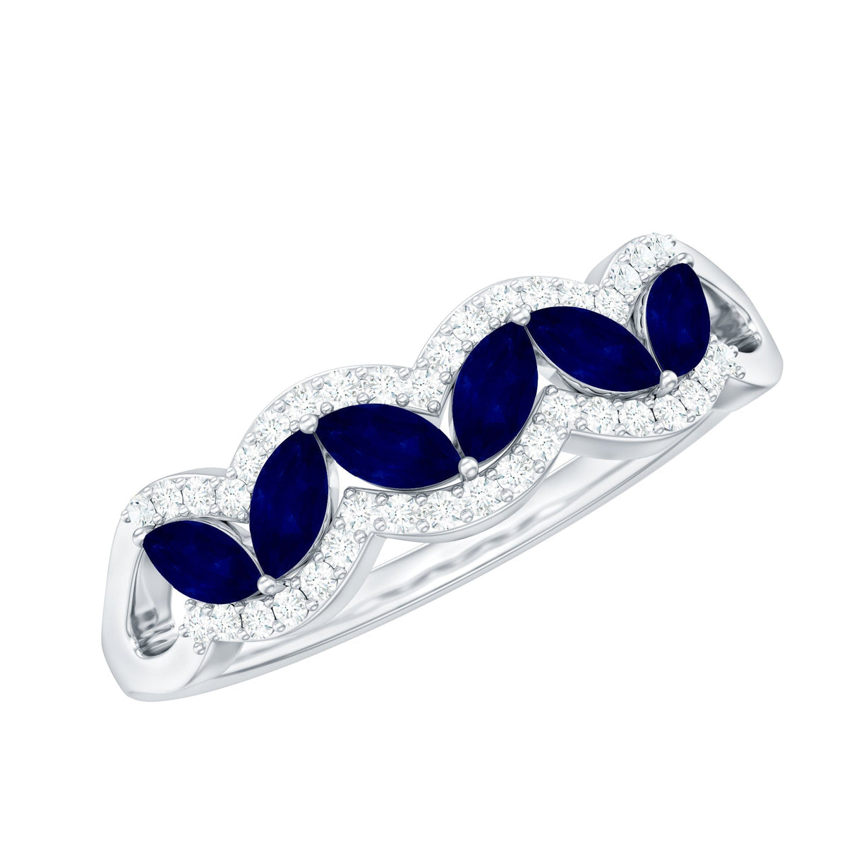 Blue Sapphire Anniversary Ring, Marquise Cut Diamond Wedding Band