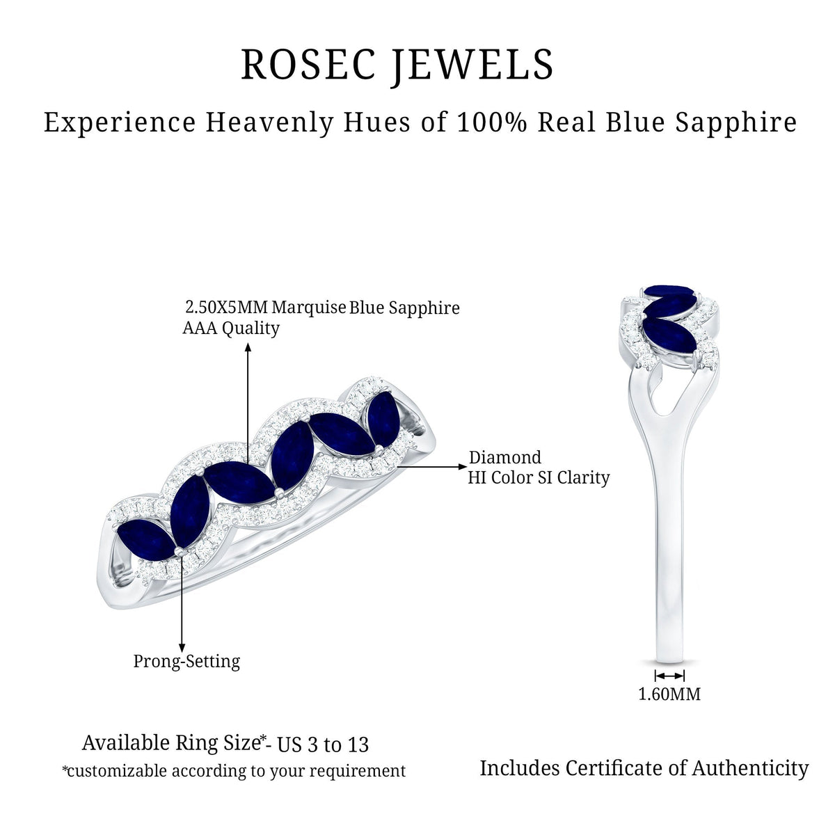 Blue Sapphire Anniversary Ring, Marquise Cut Diamond Wedding Band
