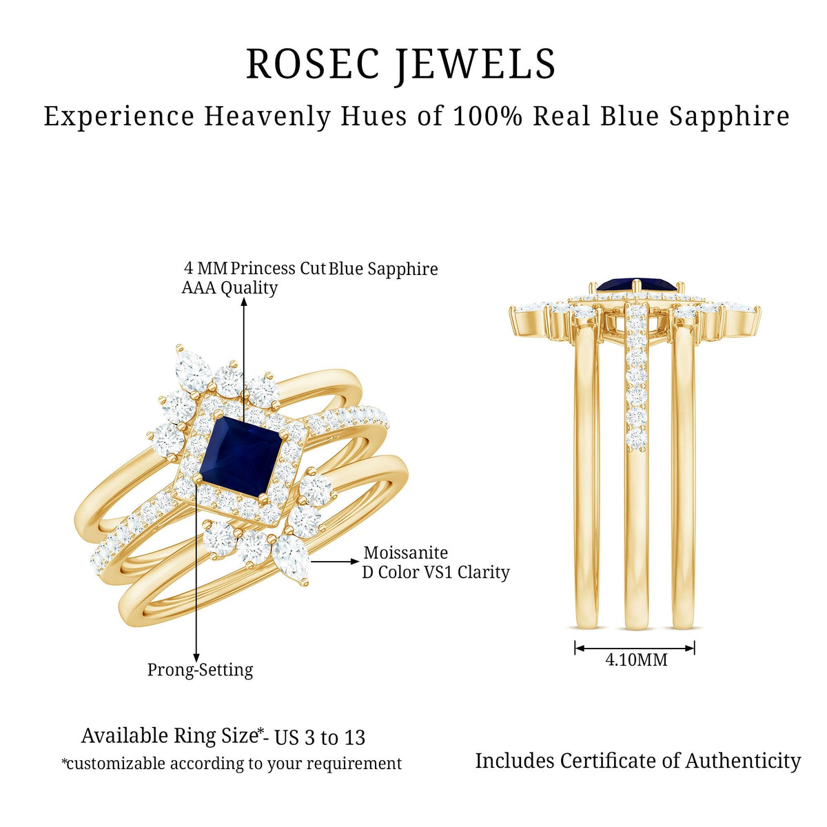 Blue Sapphire Bridal Ring Set, Princess Cut Moissanite Halo