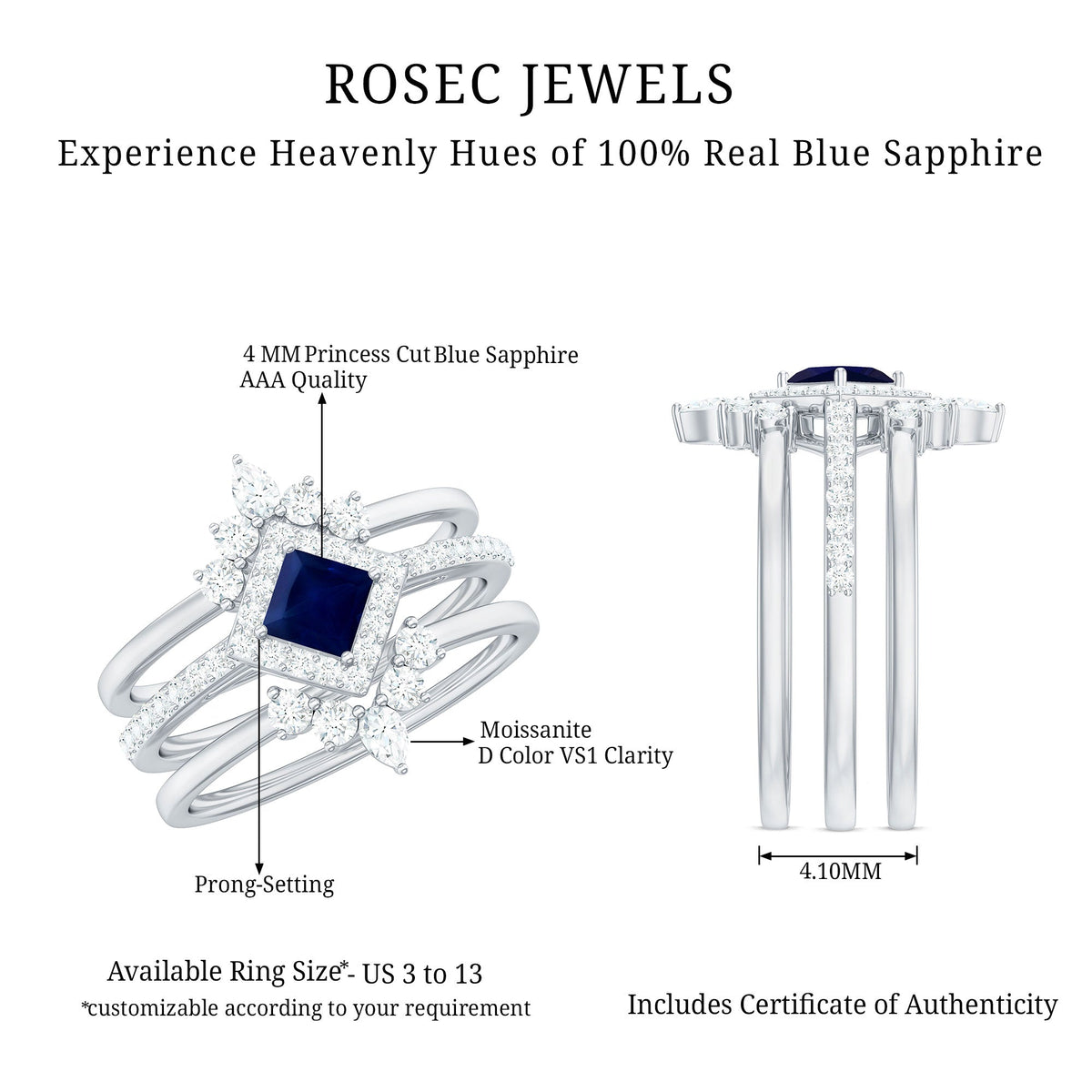 Blue Sapphire Bridal Ring Set, Princess Cut Moissanite Halo