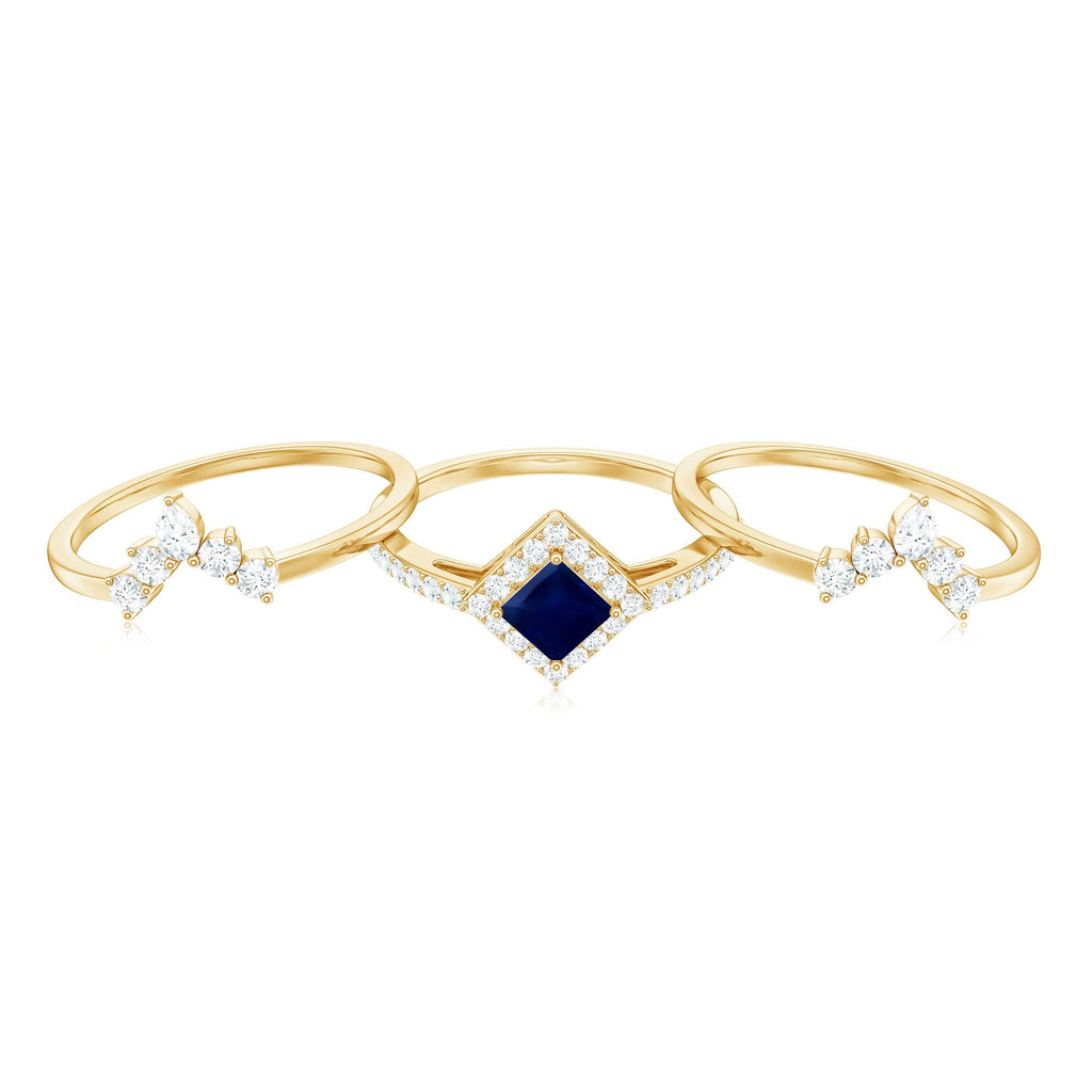 Blue Sapphire Bridal Ring Set, Princess Cut Moissanite Halo