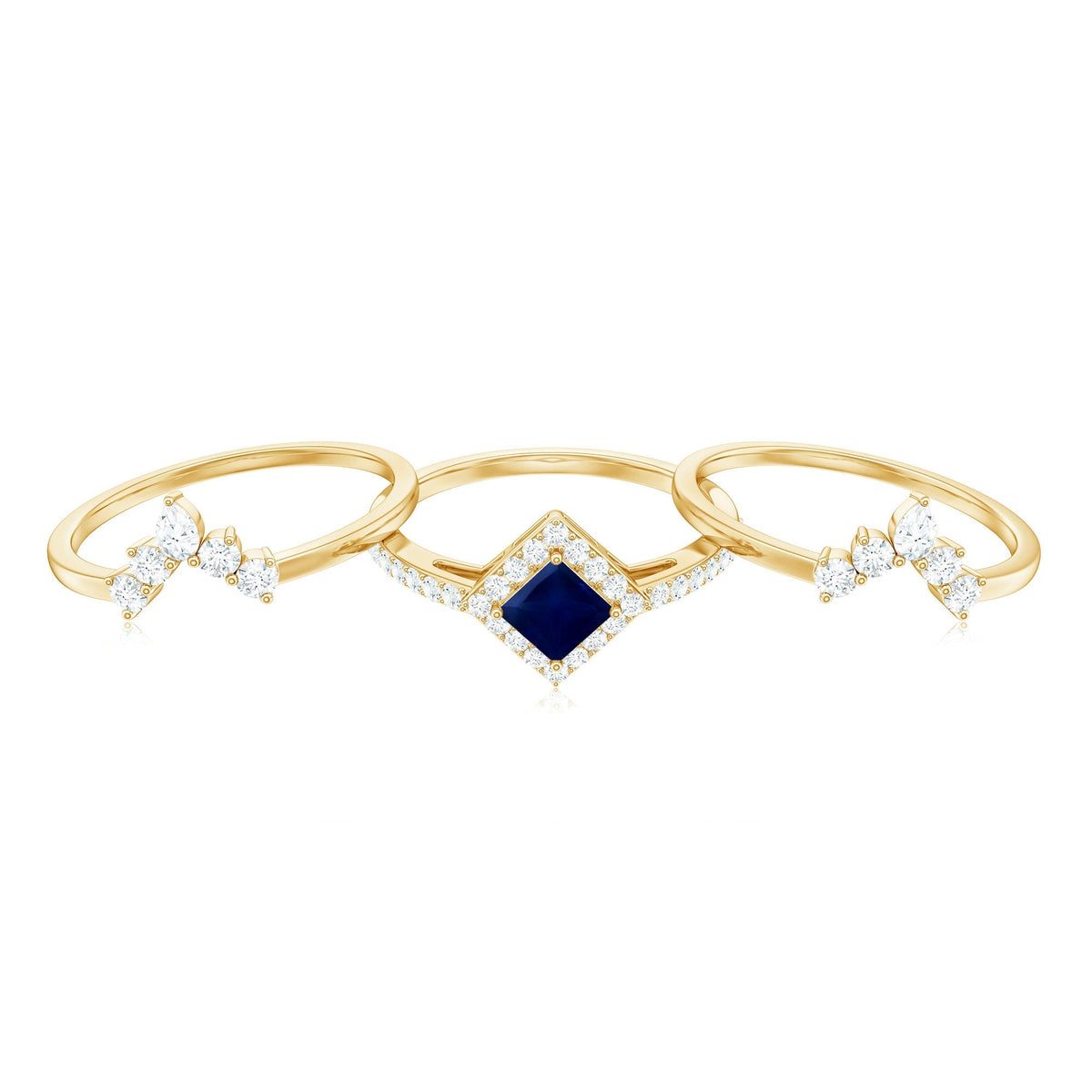 Blue Sapphire Bridal Ring Set, Princess Cut Moissanite Halo