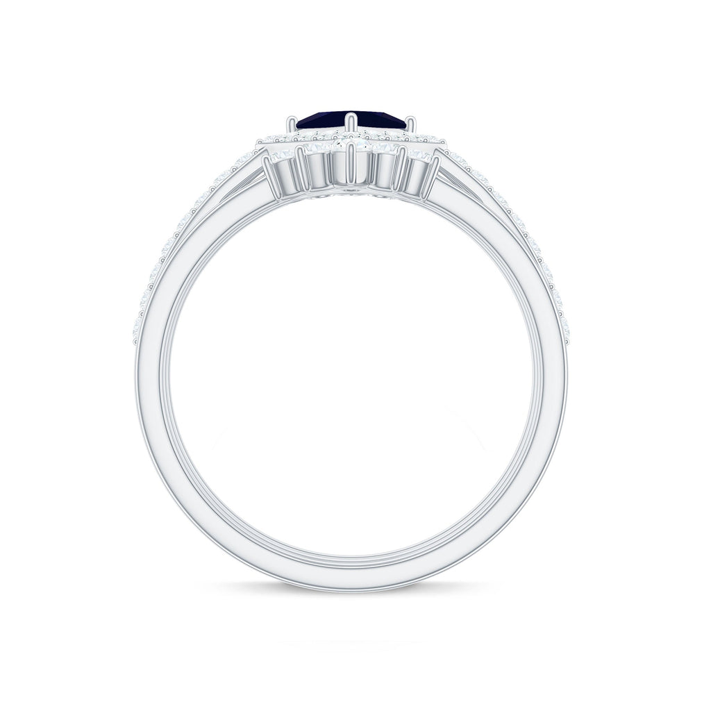 Blue Sapphire Bridal Ring Set, Princess Cut Moissanite Halo