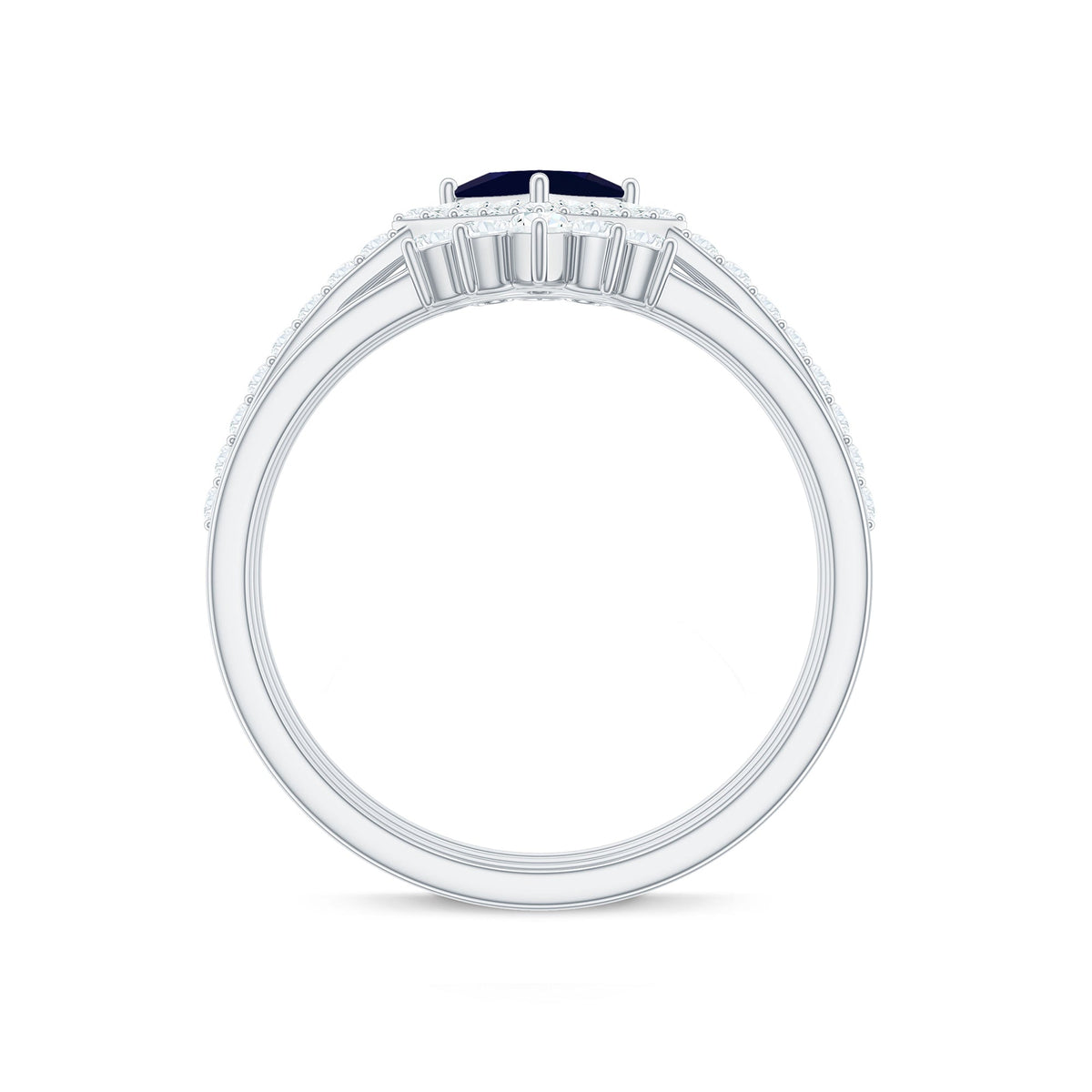 Blue Sapphire Bridal Ring Set, Princess Cut Moissanite Halo