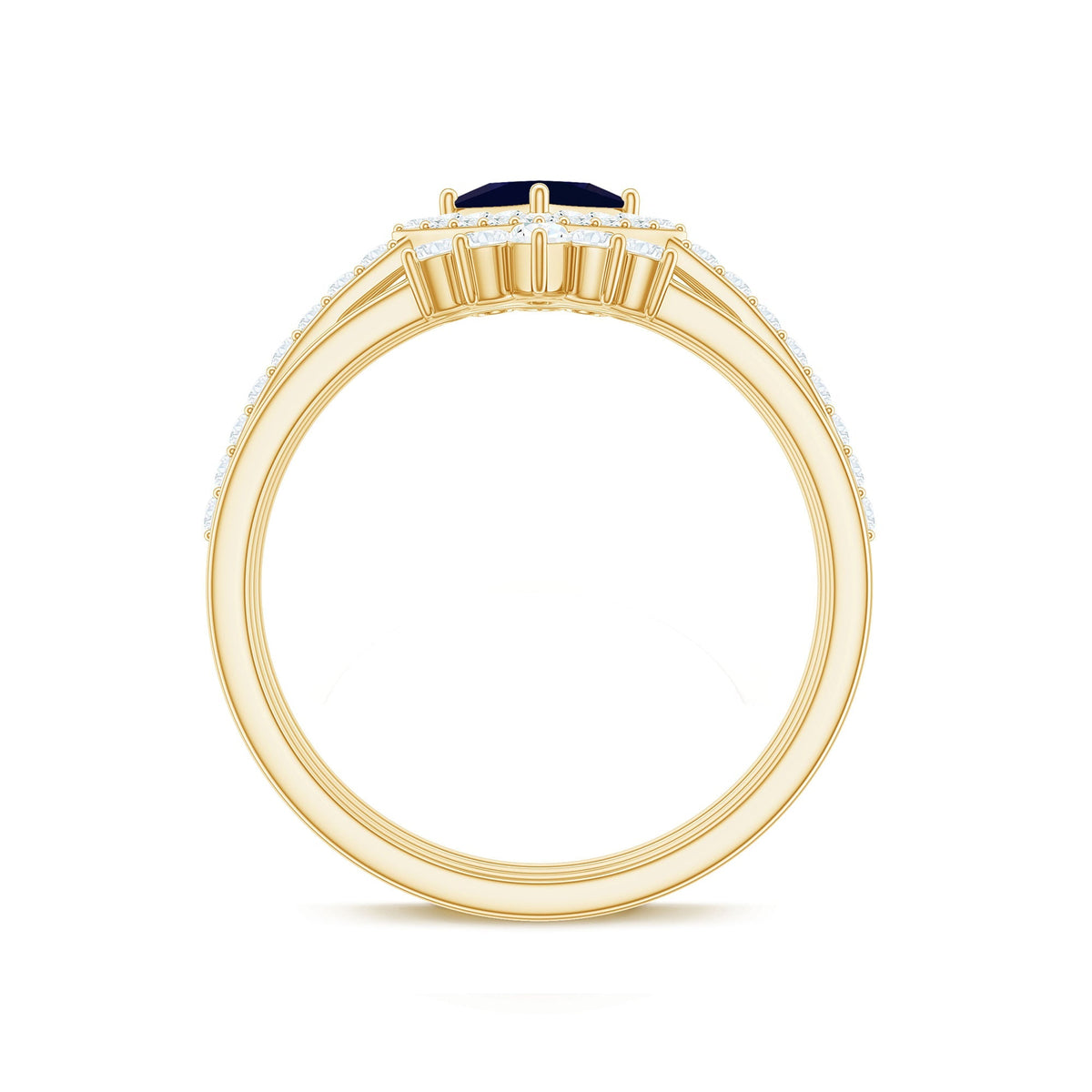 Blue Sapphire Bridal Ring Set, Princess Cut Moissanite Halo
