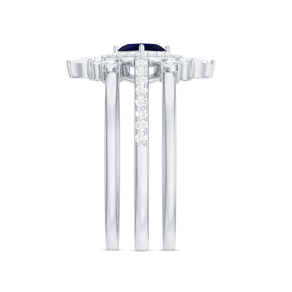 Blue Sapphire Bridal Ring Set, Princess Cut Moissanite Halo