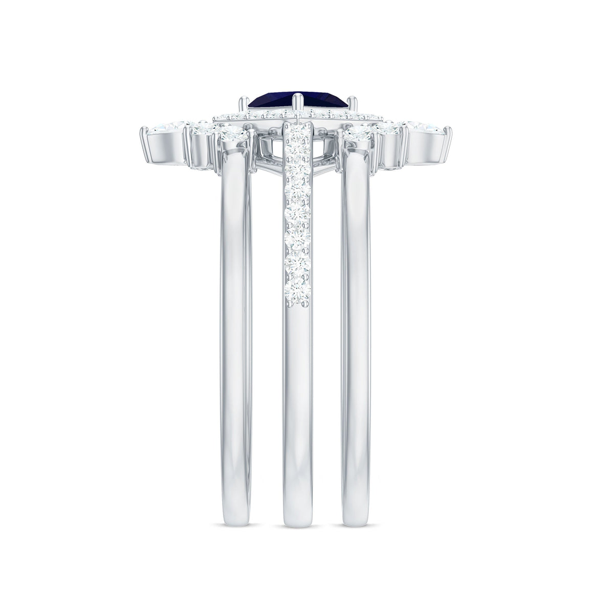 Blue Sapphire Bridal Ring Set, Princess Cut Moissanite Halo
