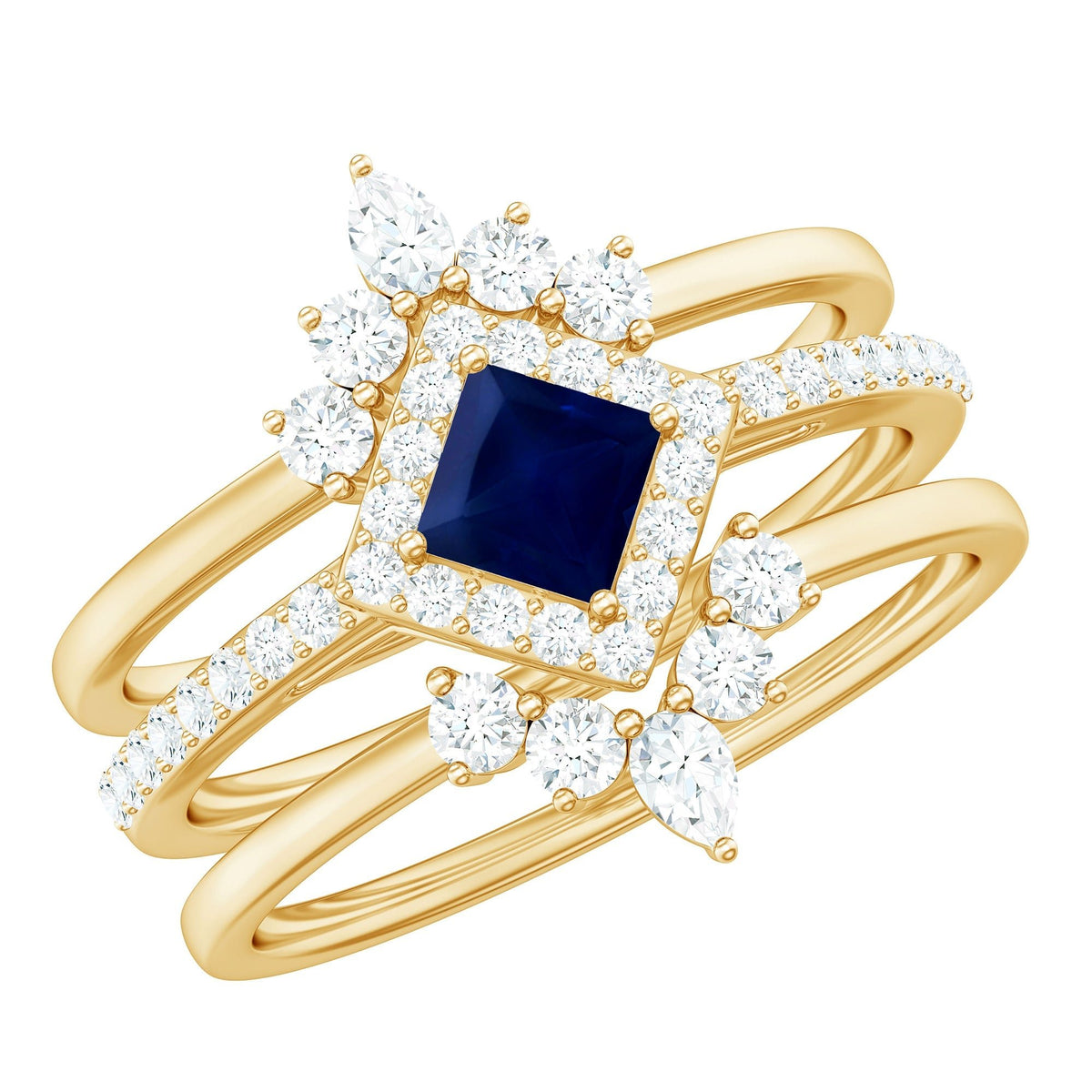 Blue Sapphire Bridal Ring Set, Princess Cut Moissanite Halo