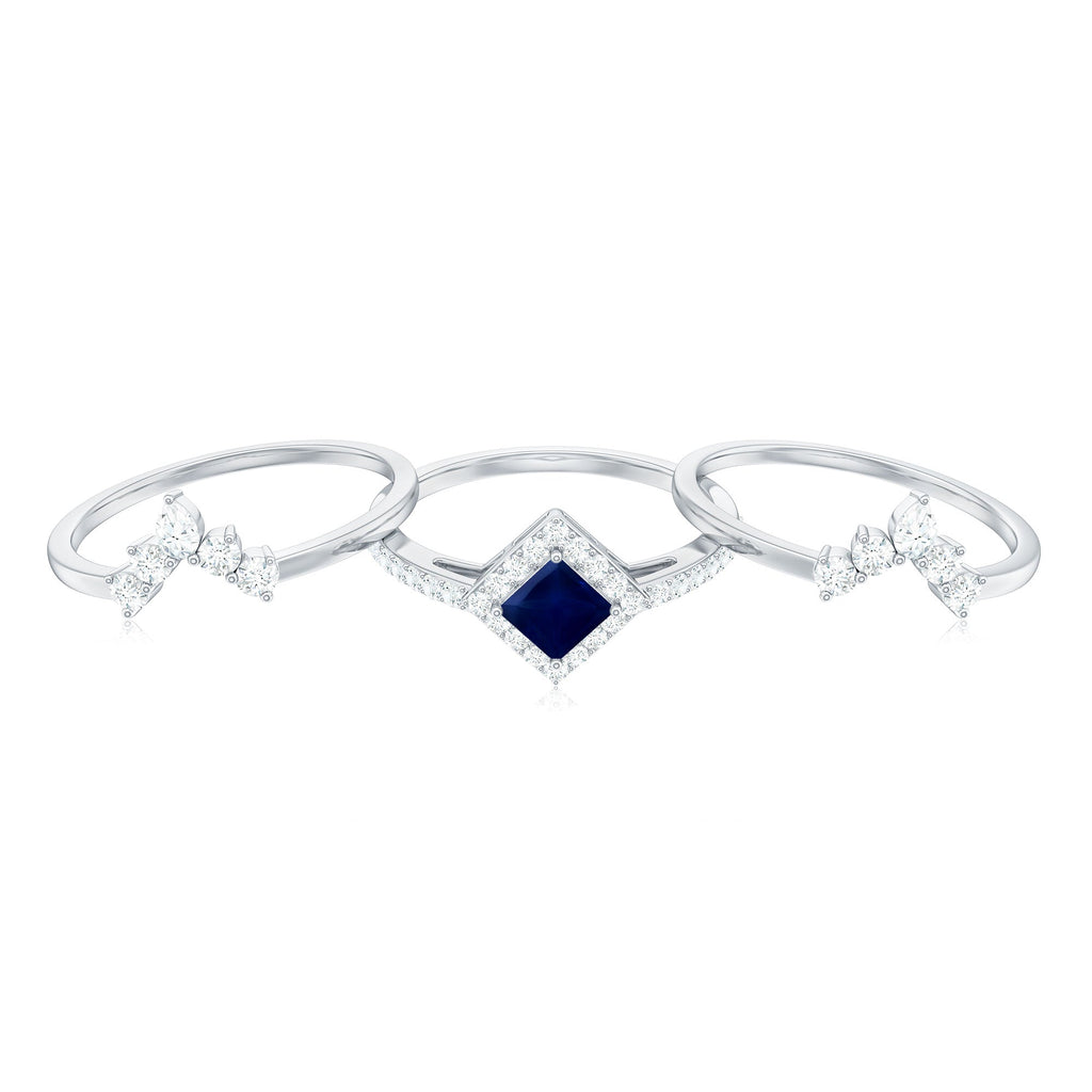 Blue Sapphire Bridal Ring Set, Princess Cut Moissanite Halo