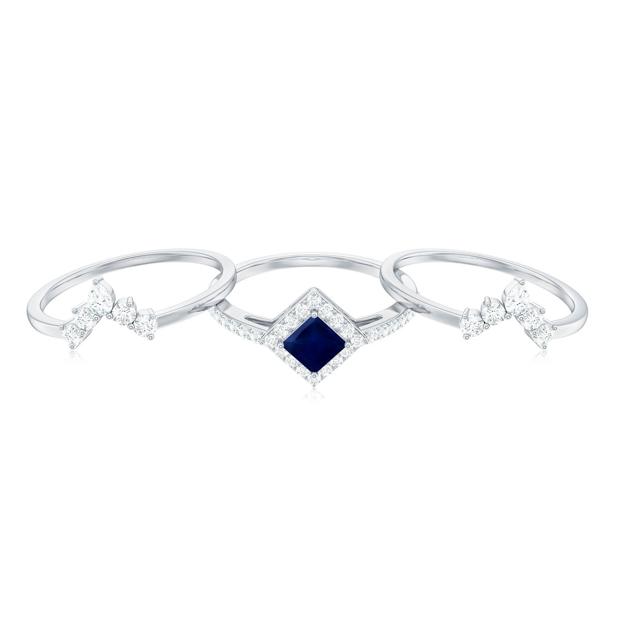 Blue Sapphire Bridal Ring Set, Princess Cut Moissanite Halo