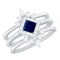 Blue Sapphire Bridal Ring Set, Princess Cut Moissanite Halo