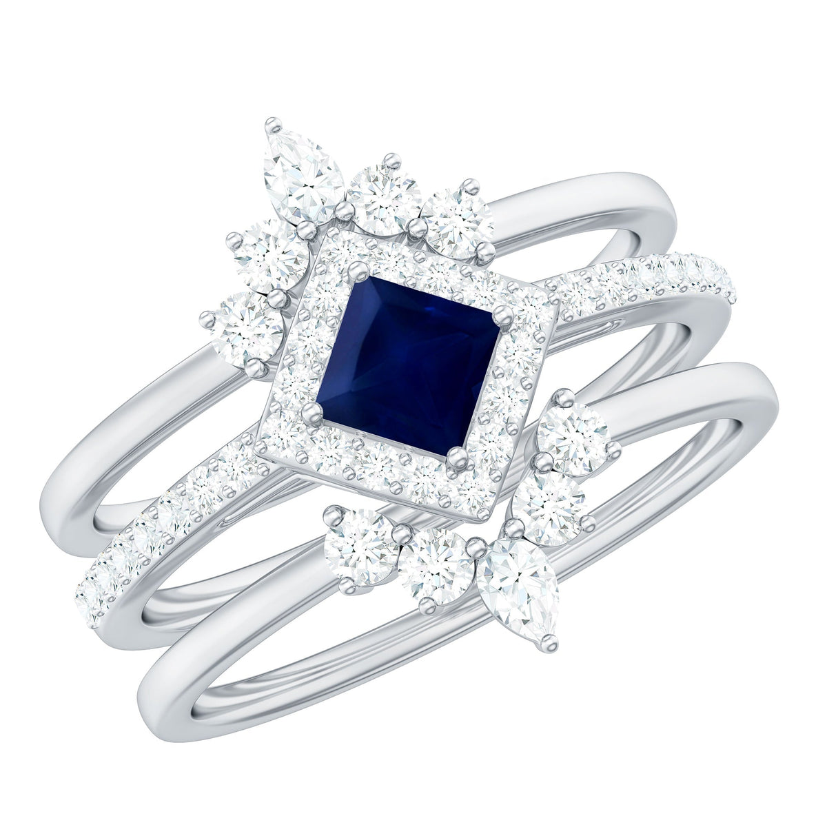 Blue Sapphire Bridal Ring Set, Princess Cut Moissanite Halo