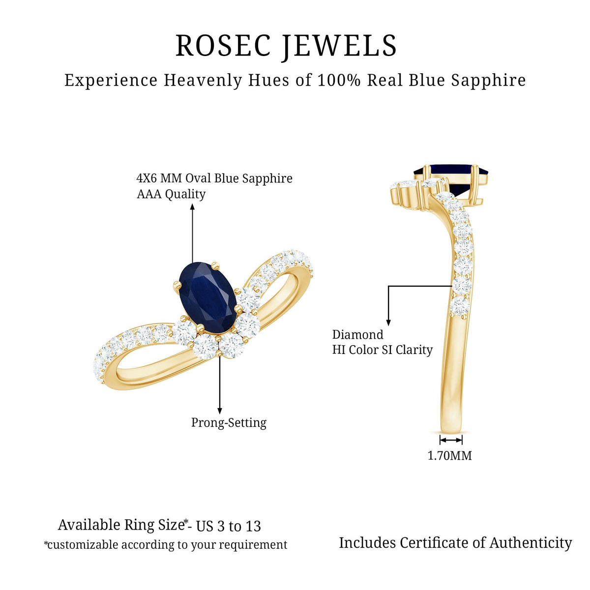 Blue Sapphire Chevron Ring, Oval Cut Diamond Accent, 0.6 Carat