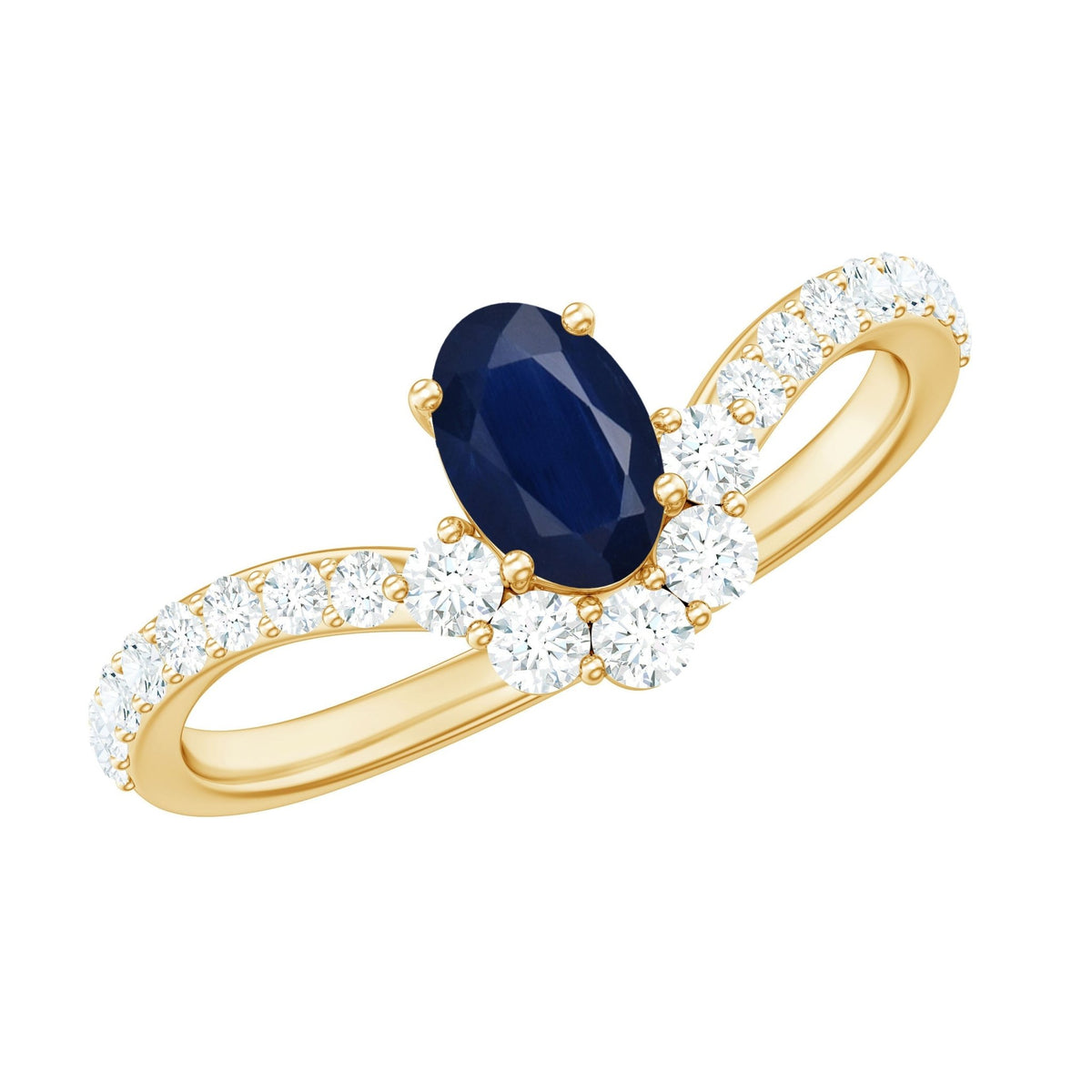 Blue Sapphire Chevron Ring, Oval Cut Diamond Accent, 0.6 Carat