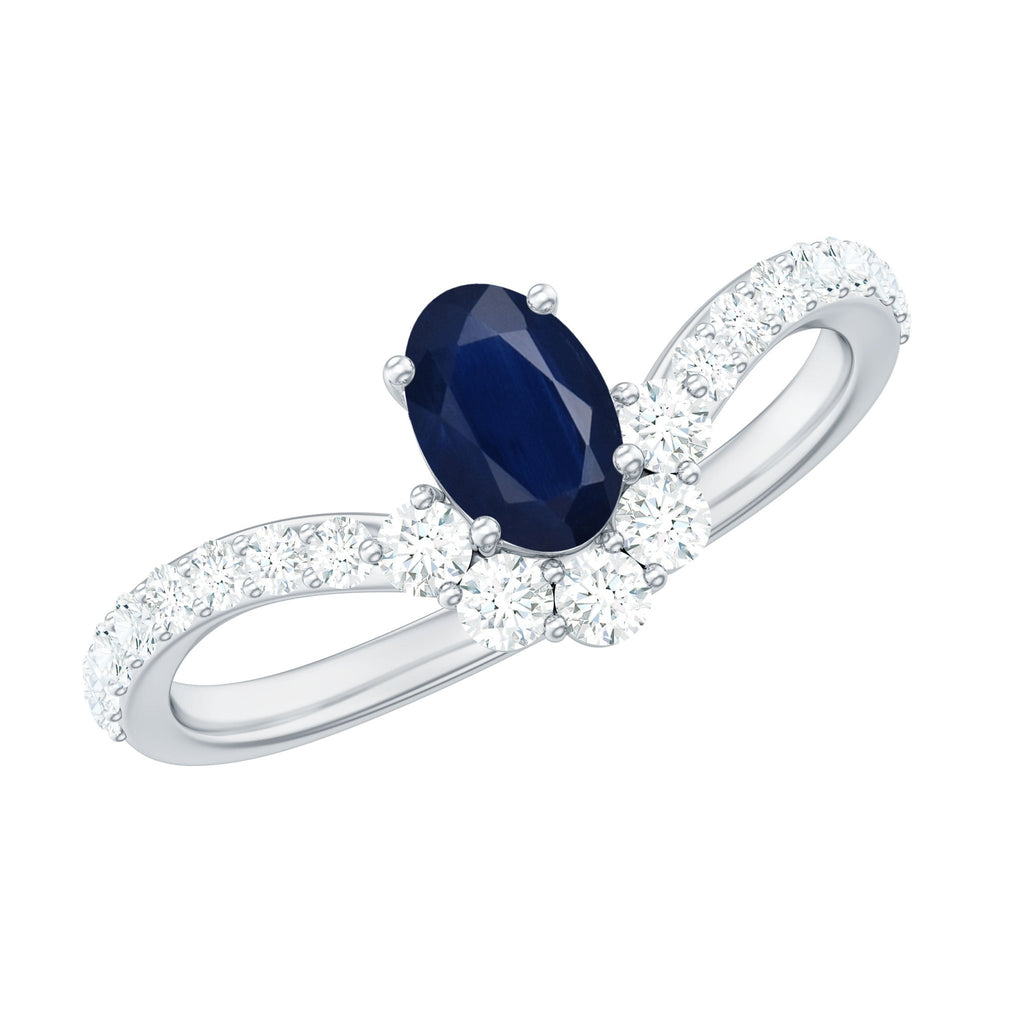 Blue Sapphire Chevron Ring, Oval Cut Diamond Accent, 0.6 Carat