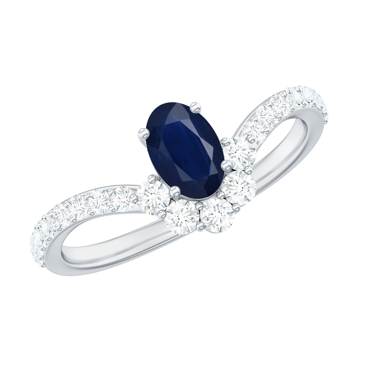 Blue Sapphire Chevron Ring, Oval Cut Diamond Accent, 0.6 Carat