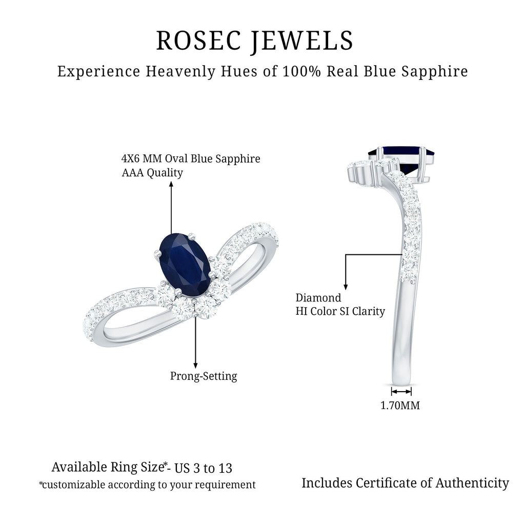 Blue Sapphire Chevron Ring, Oval Cut Diamond Accent, 0.6 Carat
