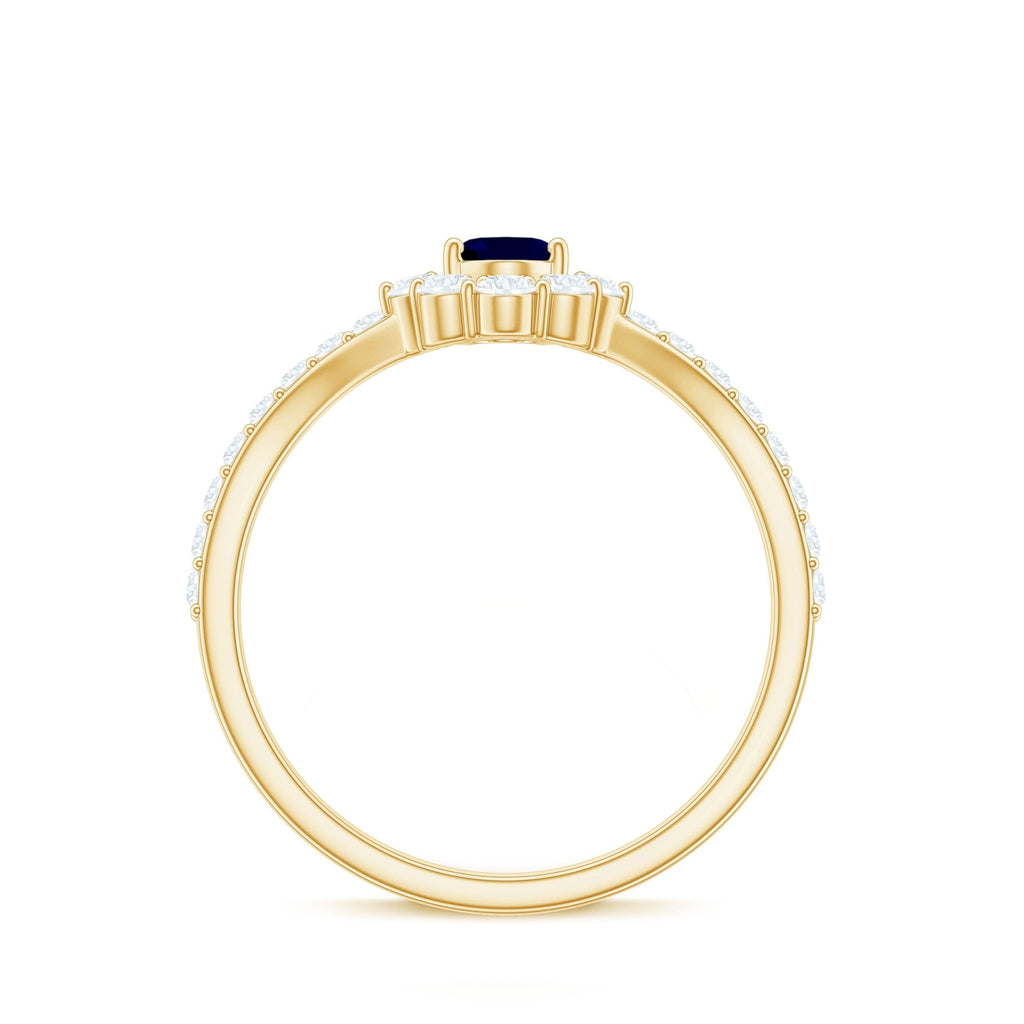 Blue Sapphire Chevron Ring, Oval Cut Diamond Accent, 0.6 Carat