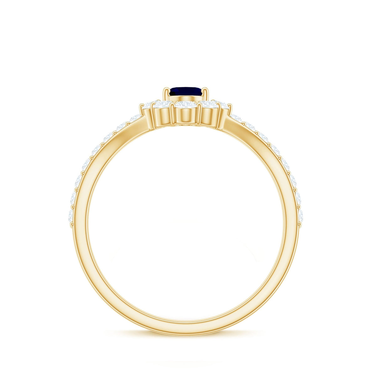 Blue Sapphire Chevron Ring, Oval Cut Diamond Accent, 0.6 Carat