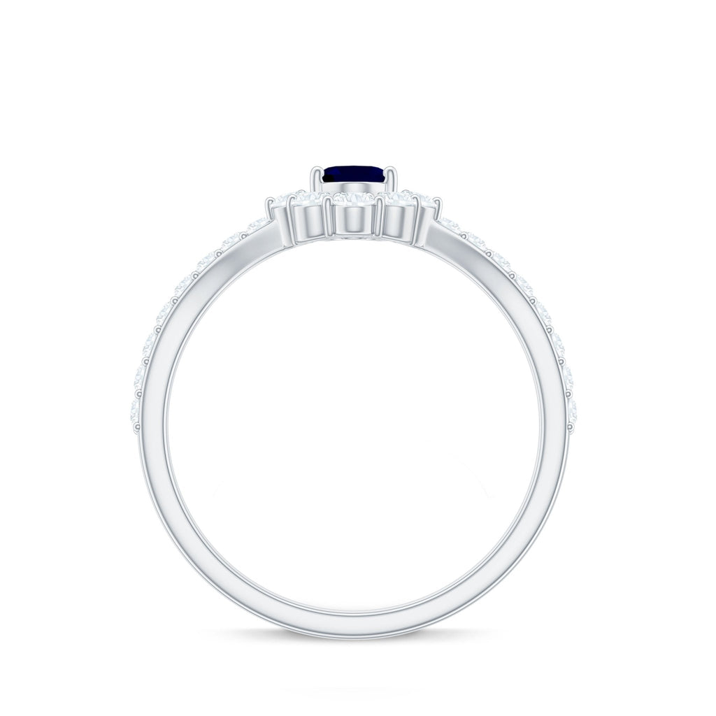 Blue Sapphire Chevron Ring, Oval Cut Diamond Accent, 0.6 Carat