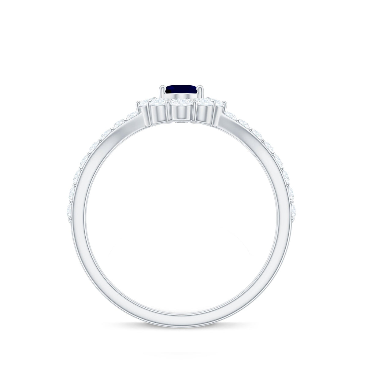 Blue Sapphire Chevron Ring, Oval Cut Diamond Accent, 0.6 Carat