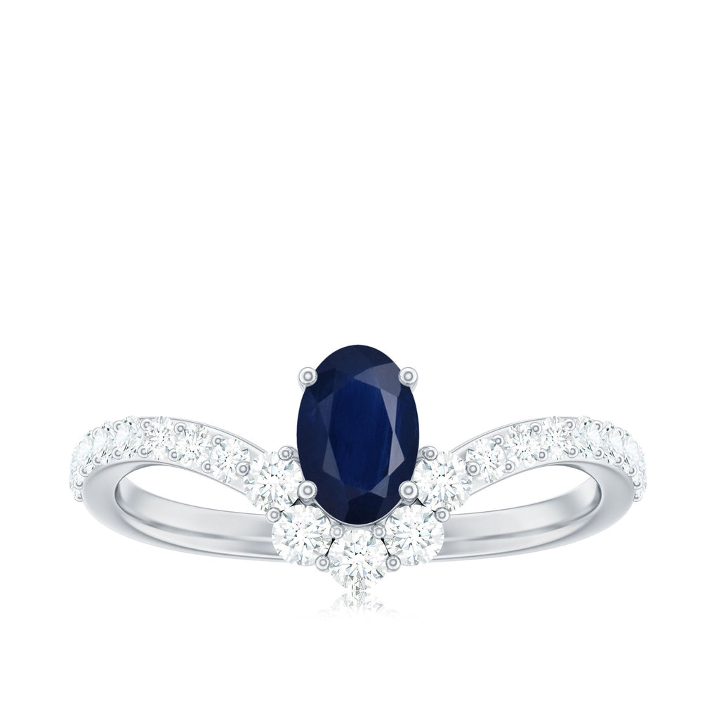 Blue Sapphire Chevron Ring, Oval Cut Diamond Accent, 0.6 Carat