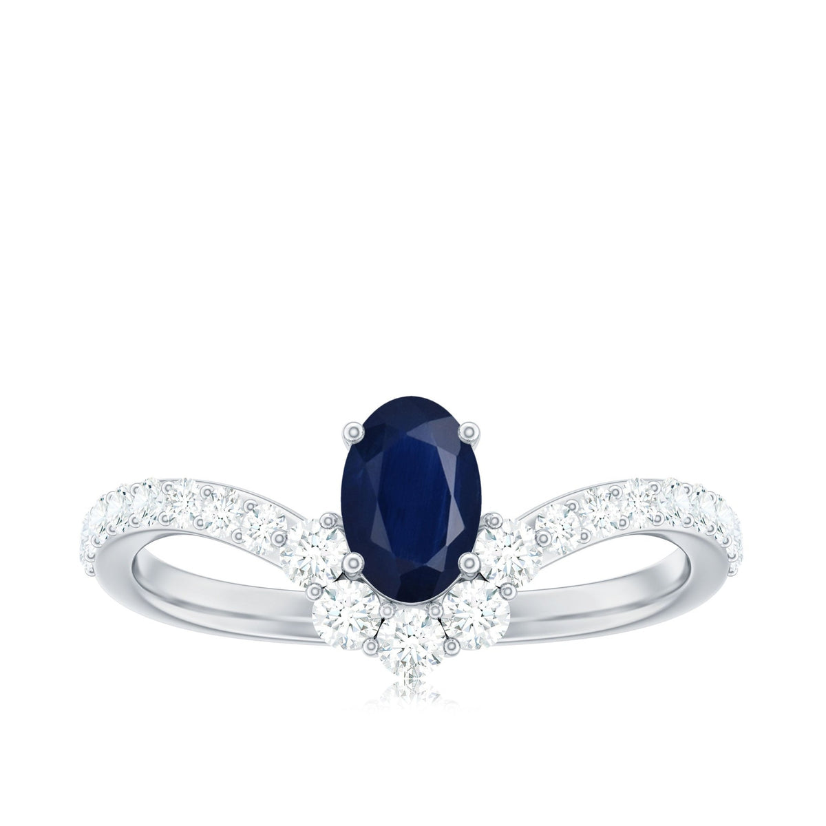 Blue Sapphire Chevron Ring, Oval Cut Diamond Accent, 0.6 Carat