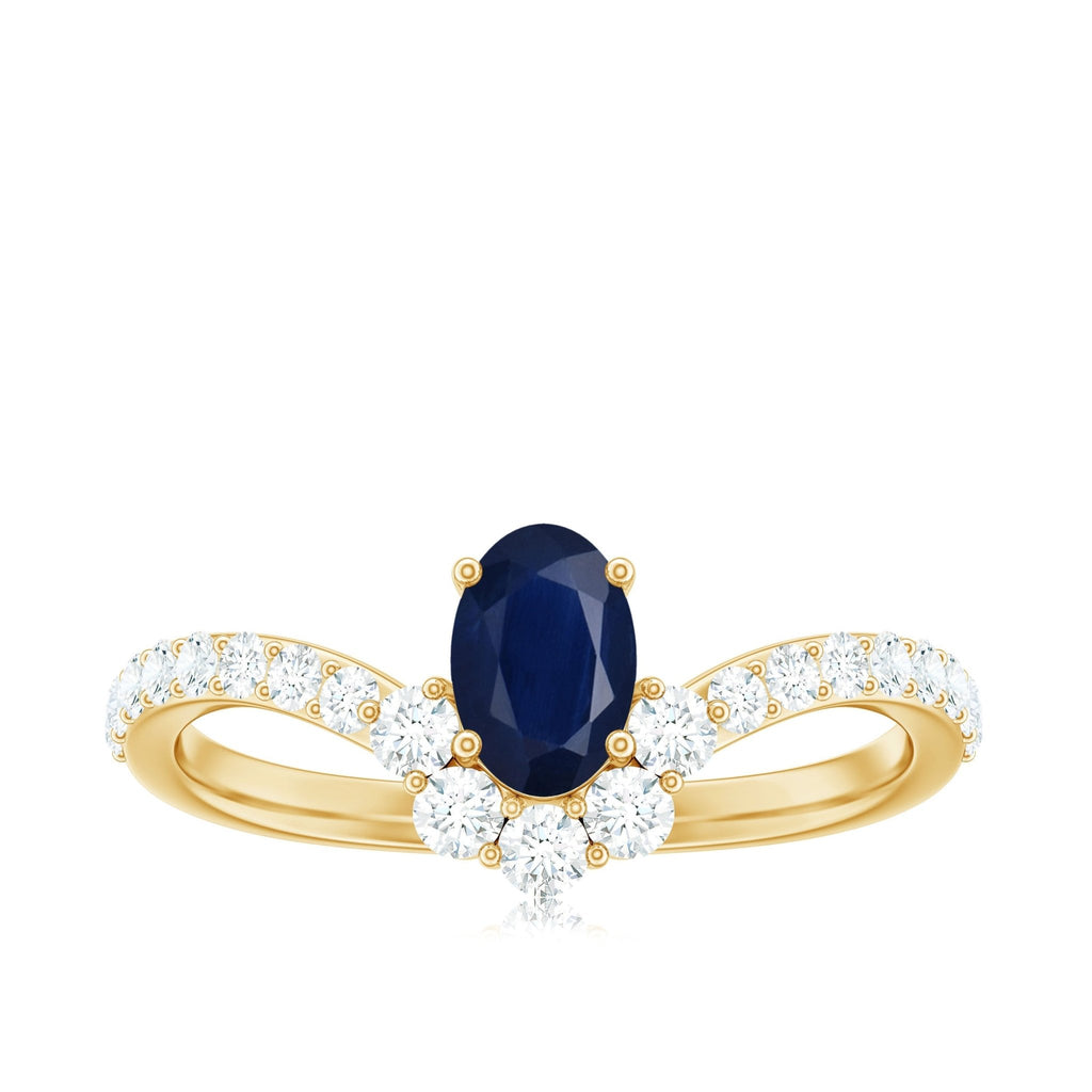 Blue Sapphire Chevron Ring, Oval Cut Diamond Accent, 0.6 Carat