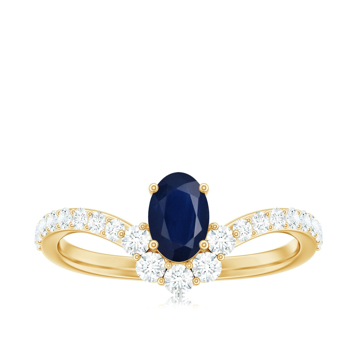 Blue Sapphire Chevron Ring, Oval Cut Diamond Accent, 0.6 Carat