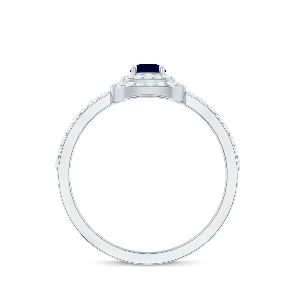 Blue Sapphire Engagement Ring, 0.4 Carat Double Halo Diamond
