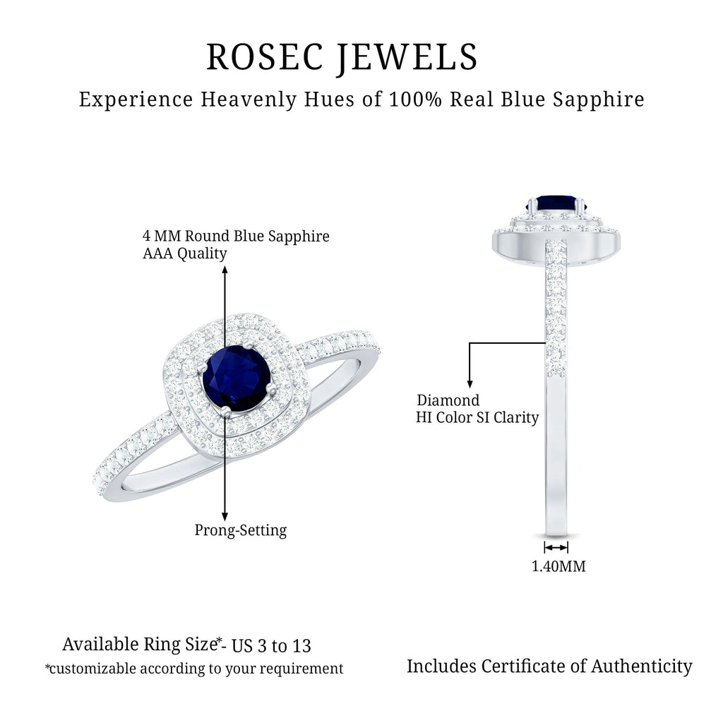 Blue Sapphire Engagement Ring, 0.4 Carat Double Halo Diamond