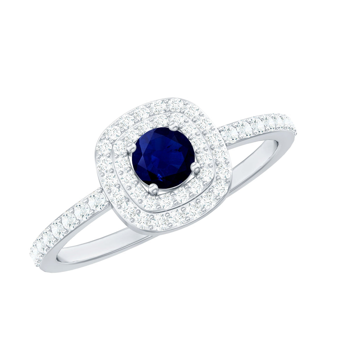 Blue Sapphire Engagement Ring, 0.4 Carat Double Halo Diamond