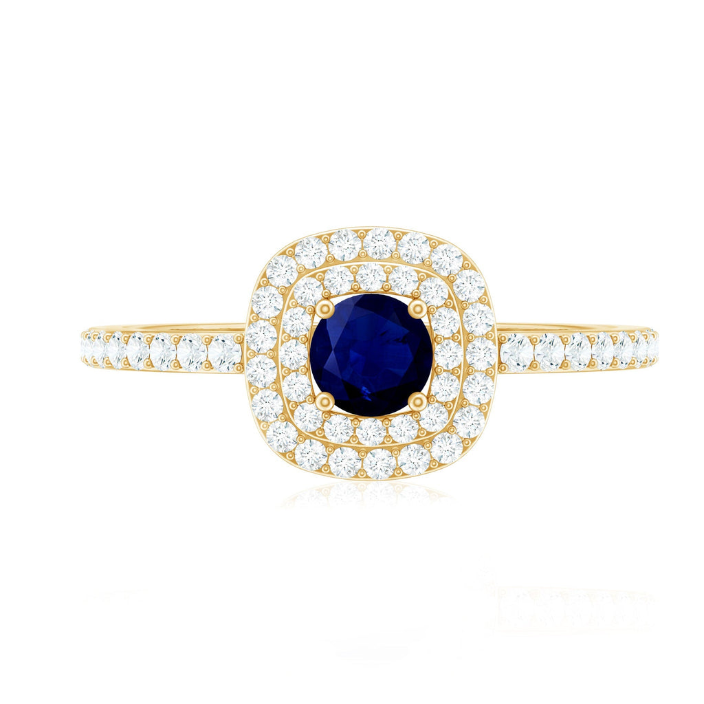 Blue Sapphire Engagement Ring, 0.4 Carat Double Halo Diamond
