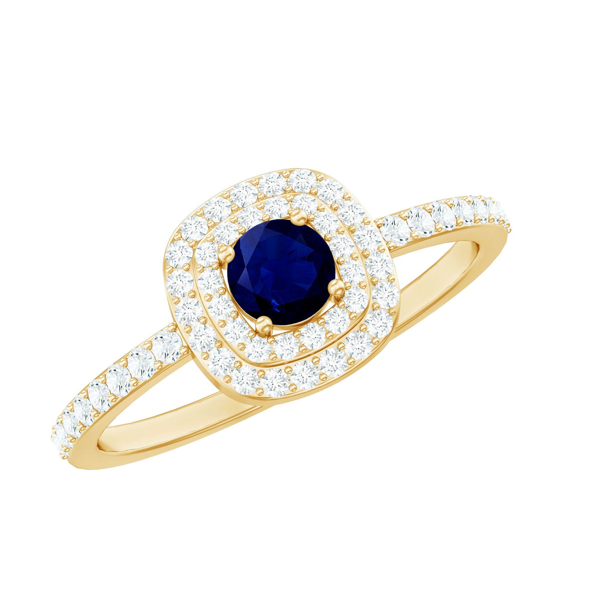 Blue Sapphire Engagement Ring, 0.4 Carat Double Halo Diamond
