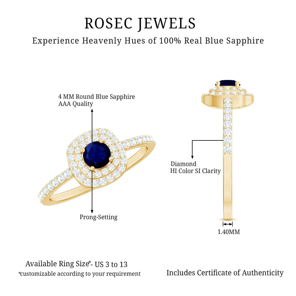 Blue Sapphire Engagement Ring, 0.4 Carat Double Halo Diamond