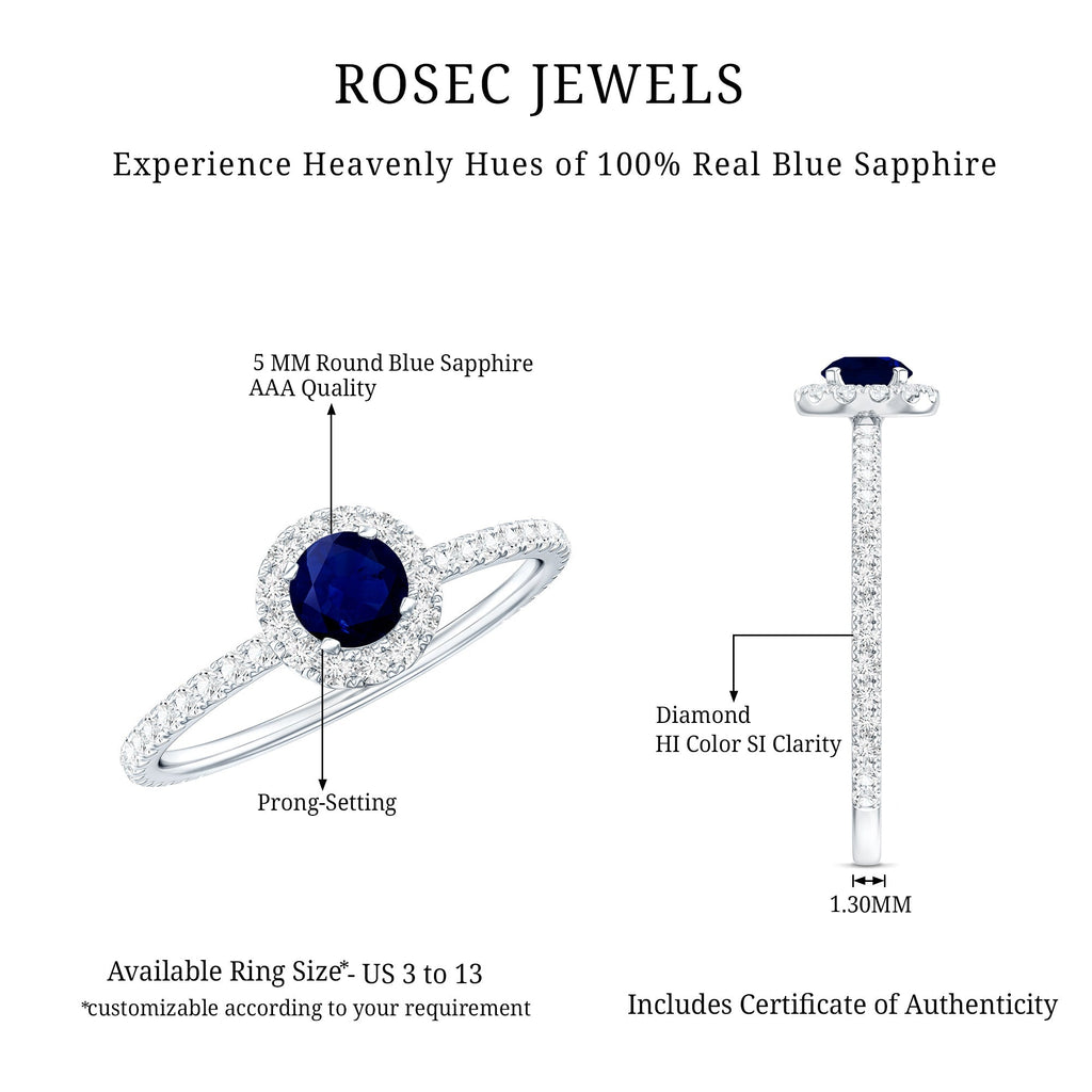 Blue Sapphire Engagement Ring, 0.9 Carat Diamond Halo