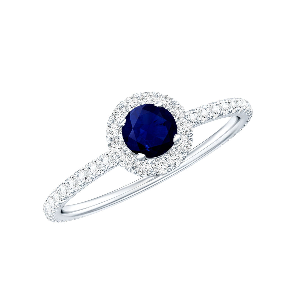 Blue Sapphire Engagement Ring, 0.9 Carat Diamond Halo