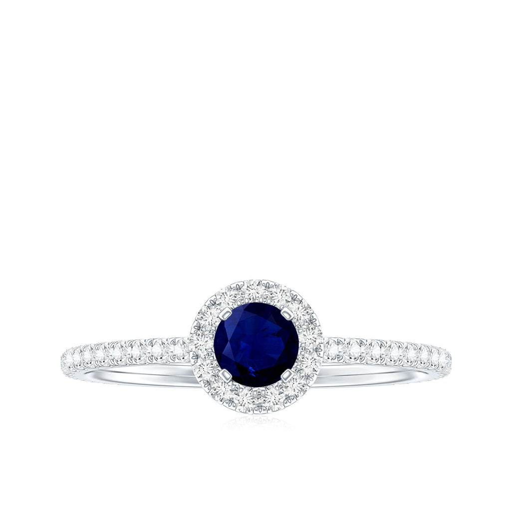 Blue Sapphire Engagement Ring, 0.9 Carat Diamond Halo