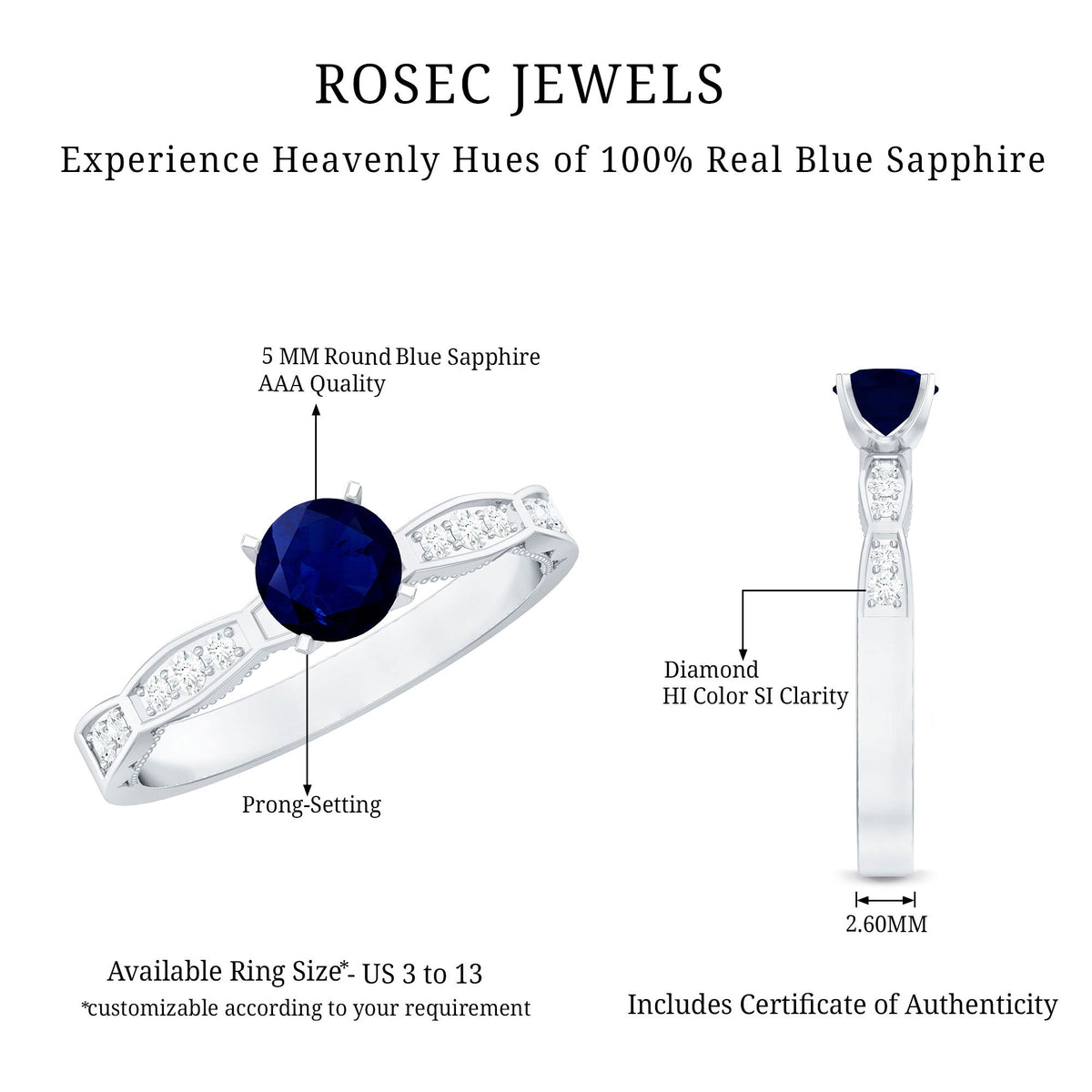 Blue Sapphire Engagement Ring, 0.95 Carat Diamond Band For Women.