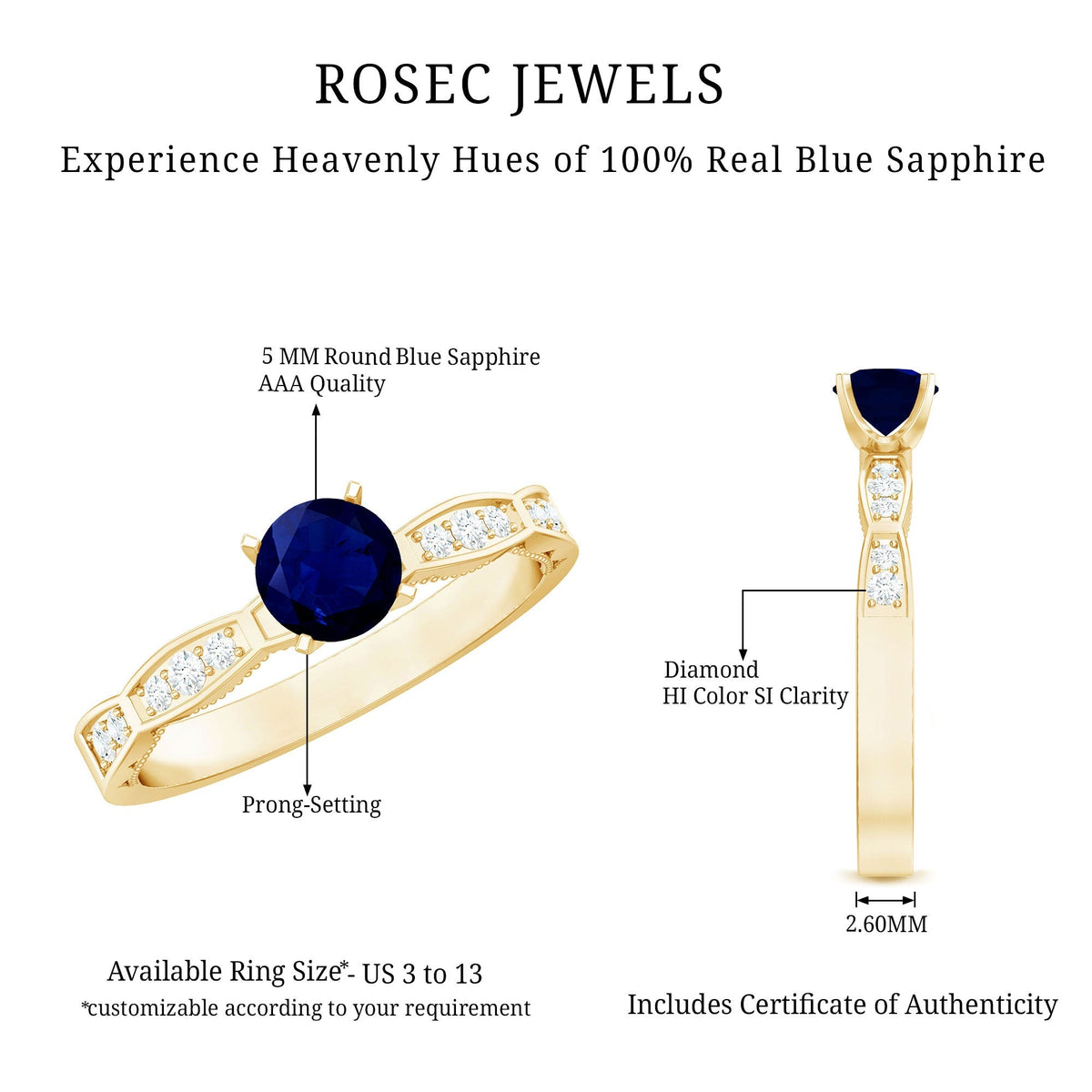 Blue Sapphire Engagement Ring, 0.95 Carat Diamond Band For Women.